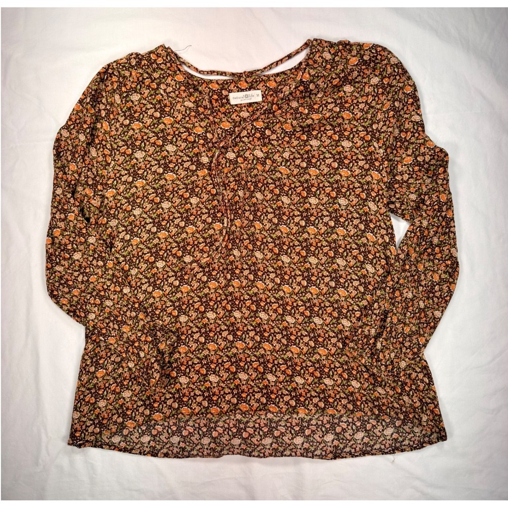 Natural Life Brown Floral Peasant Blouse Long Sleeve Boho Tie Neck Top Medium